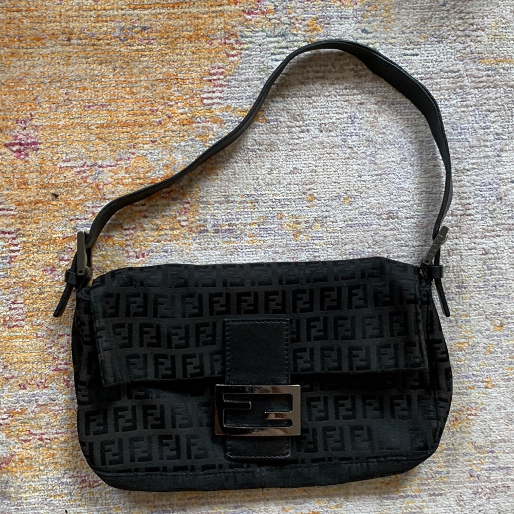 Fendi vintage zucca monogram black baguette bag canvas